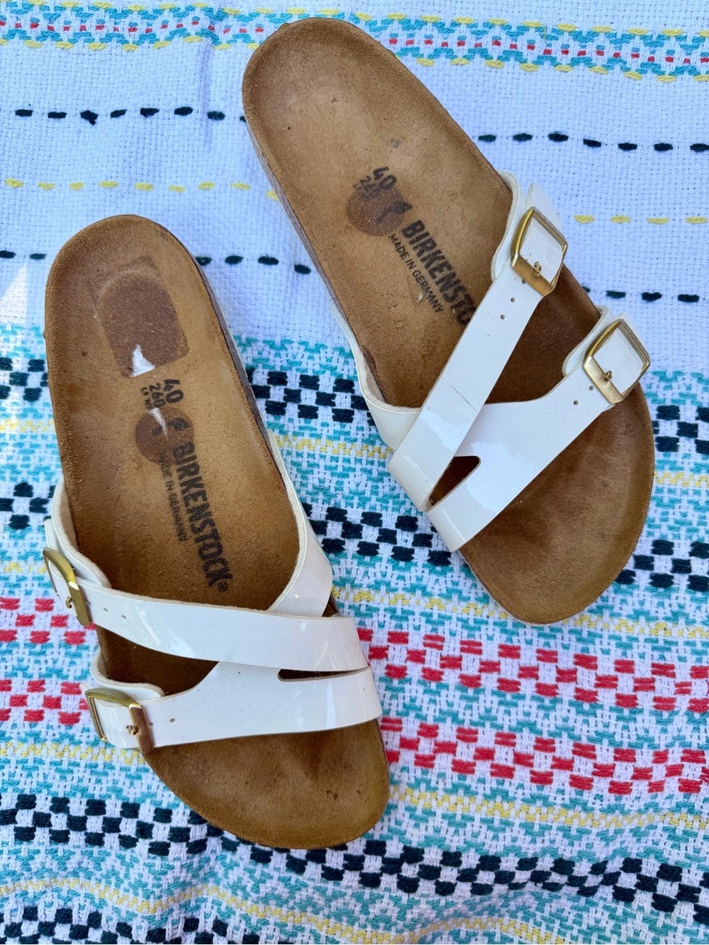 Birkenstock Women’s White Patent Yao Sandals with Gold Hardware Size 40